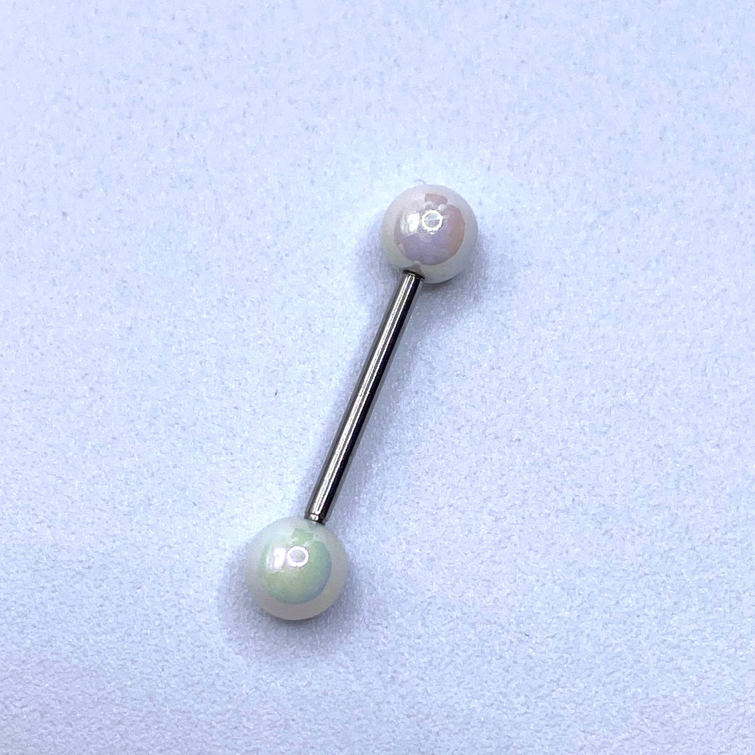 Tongue Barbells Steel Acrylic Ball White Iridescent